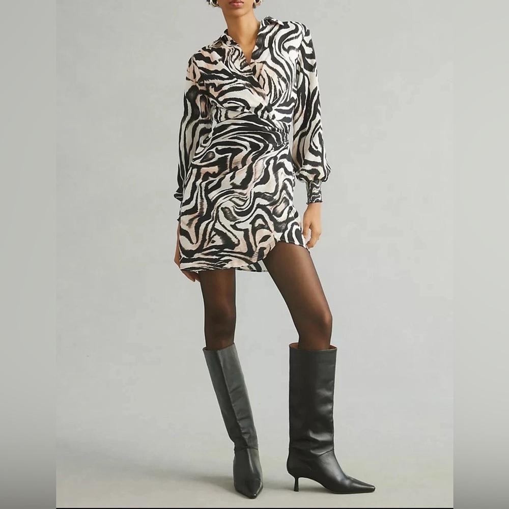Anthropologie Zebra-Print Wrap Mini Dress in Black, White & Blush